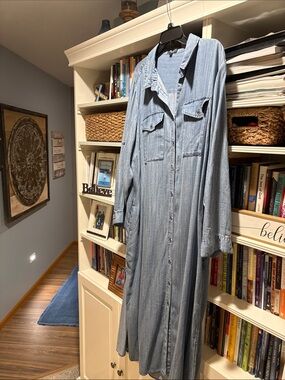 Light Wash Denim Button-Front Maxi Shirt Dress